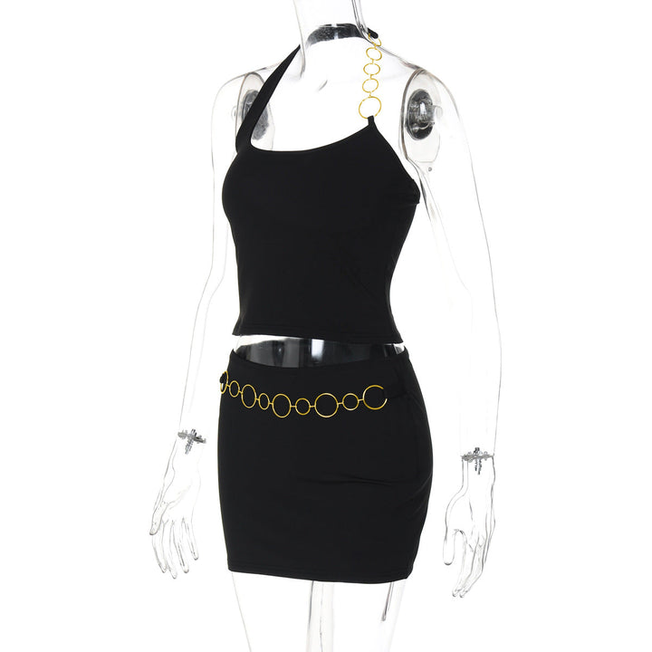 Halter metal chain u neck solid mini skirt set  | Festival Outfits Women