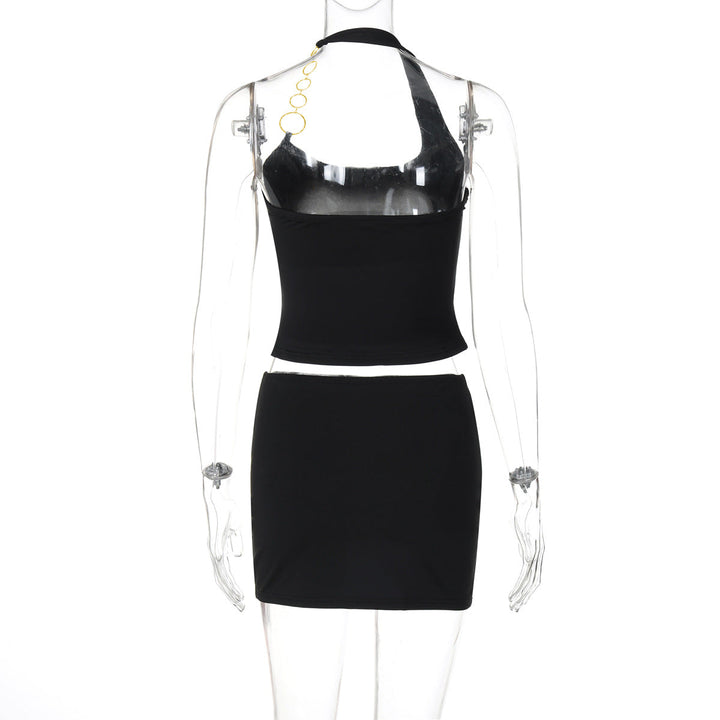 Halter metal chain u neck solid mini skirt set  | Festival Outfits Women