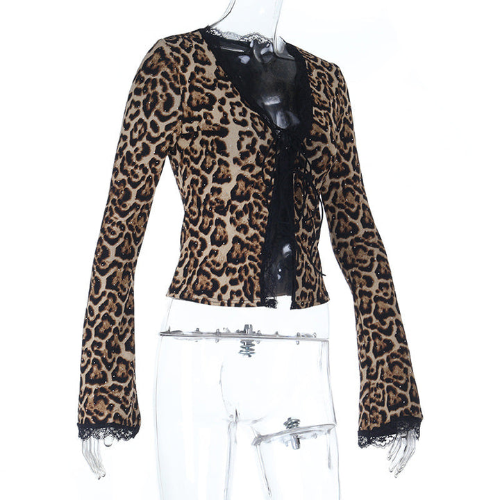 Leopard print lace hem v neck long sleeve self tie top  | Festival Outfits Women  | Cheetah Print Top