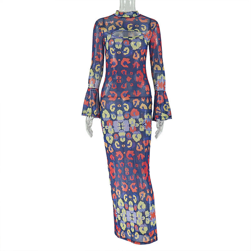 Long sleeve mesh contrast print maxi dress  | Festival Outfits Women