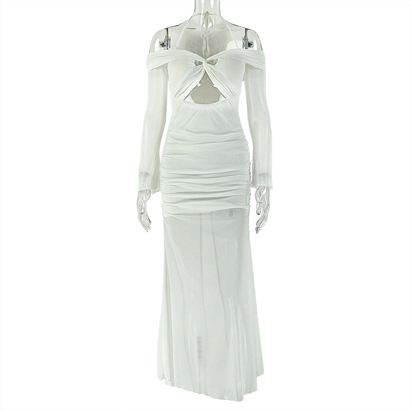 Long sleeve off shoulder halter hollow out mesh cut out maxi dress  | Festival Outfits Women