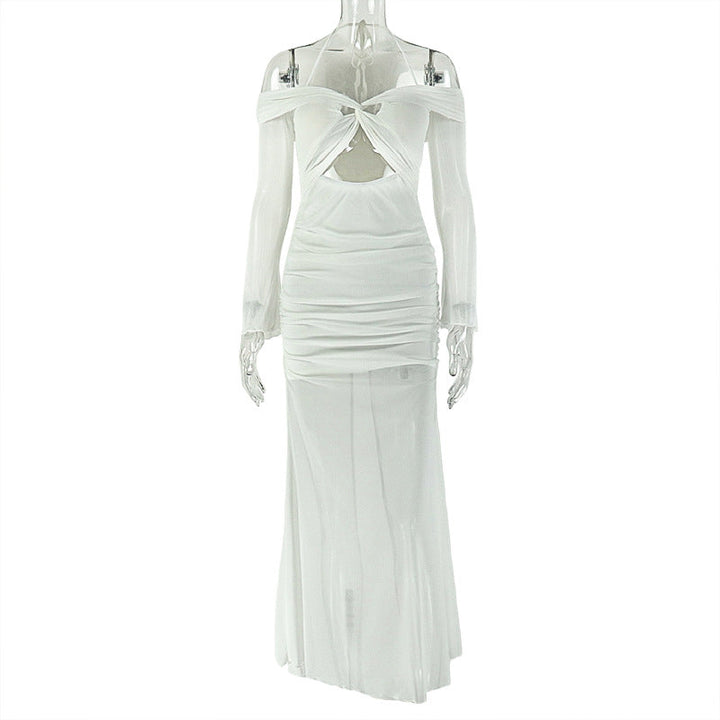 Long sleeve off shoulder halter hollow out mesh cut out maxi dress  | Festival Outfits Women