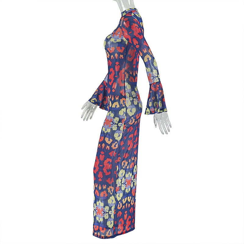 Long sleeve mesh contrast print maxi dress  | Festival Outfits Women