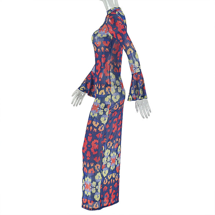 Long sleeve mesh contrast print maxi dress  | Festival Outfits Women