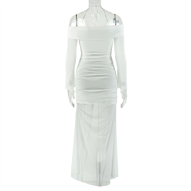 Long sleeve off shoulder halter hollow out mesh cut out maxi dress  | Festival Outfits Women