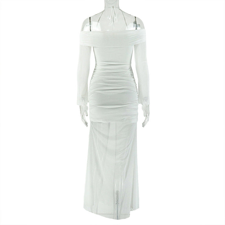 Long sleeve off shoulder halter hollow out mesh cut out maxi dress  | Festival Outfits Women