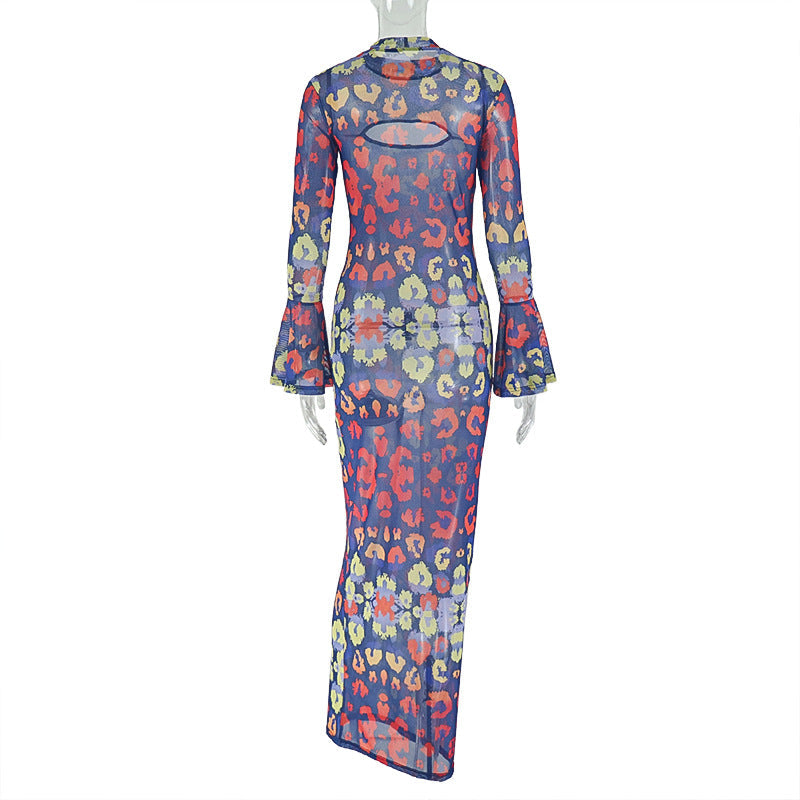 Long sleeve mesh contrast print maxi dress  | Festival Outfits Women