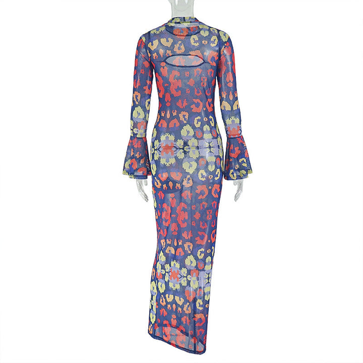 Long sleeve mesh contrast print maxi dress  | Festival Outfits Women