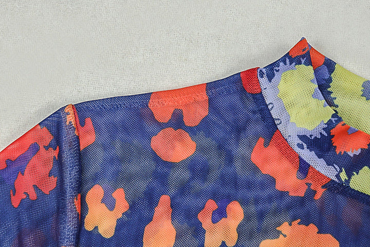 Long sleeve mesh contrast print maxi dress  | Festival Outfits Women