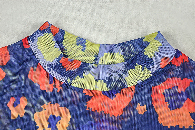 Long sleeve mesh contrast print maxi dress  | Festival Outfits Women