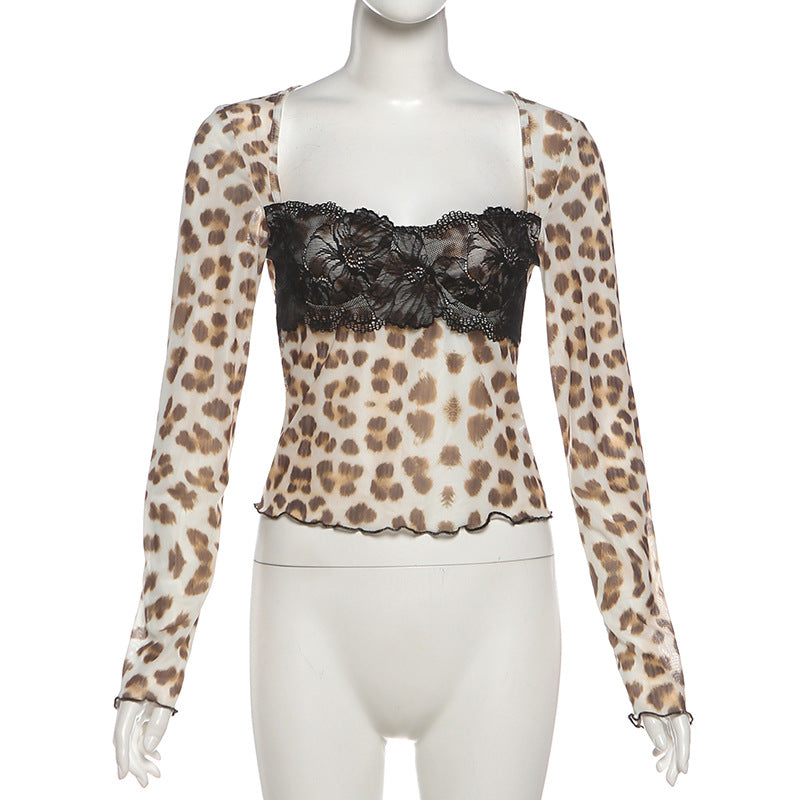 Long sleeve leopard print lace hem top  | Festival Outfits Women  | Cheetah Print Top