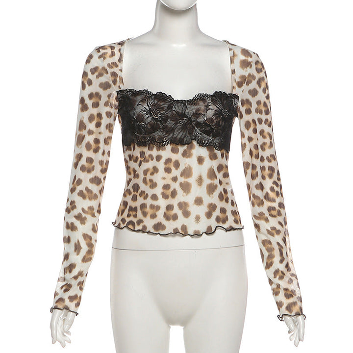 Long sleeve leopard print lace hem top  | Festival Outfits Women  | Cheetah Print Top