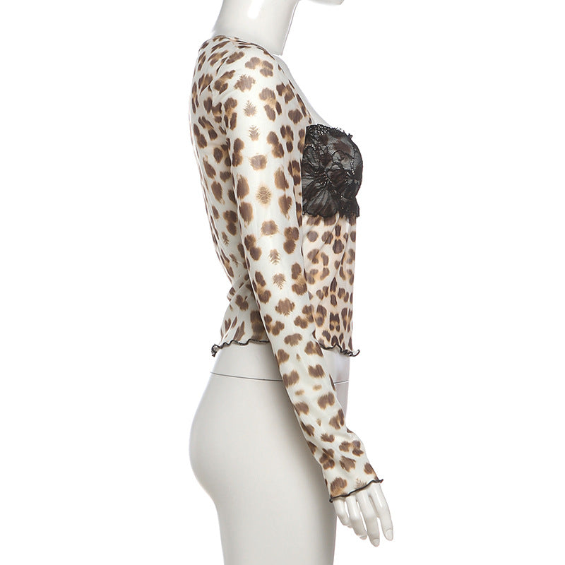 Long sleeve leopard print lace hem top  | Festival Outfits Women  | Cheetah Print Top