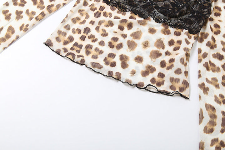 Long sleeve leopard print lace hem top  | Festival Outfits Women  | Cheetah Print Top