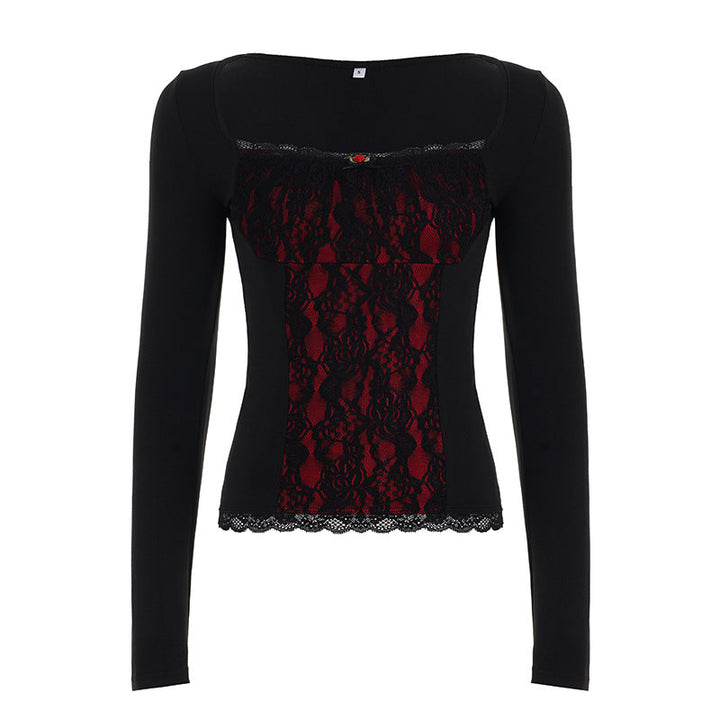 Square neck long sleeve flower applique lace top  | Festival Outfits Women