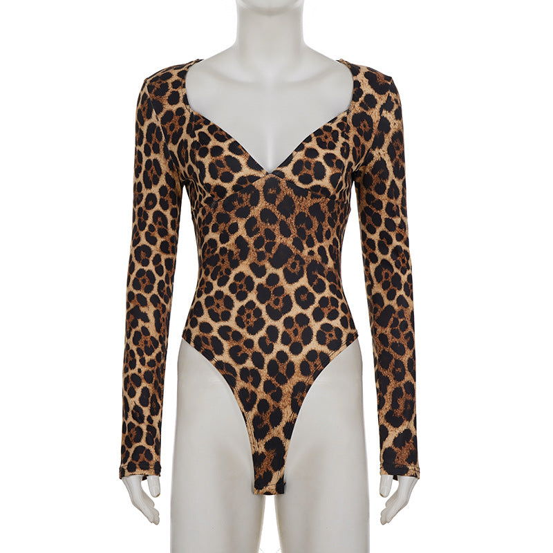 V neck long sleeve leopard print bodysuit  | Festival Outfits Women