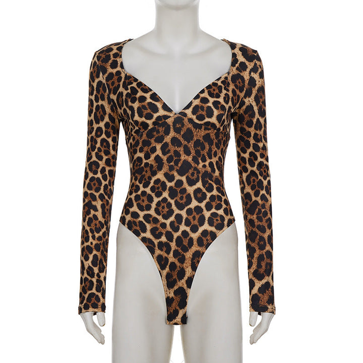V neck long sleeve leopard print bodysuit  | Festival Outfits Women
