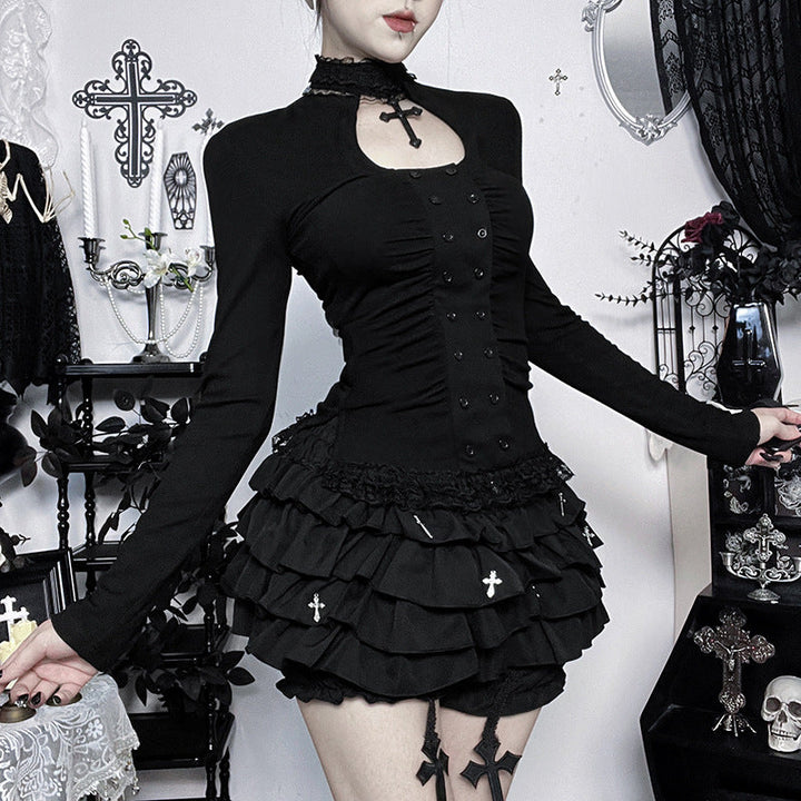 High neck long sleeve hollow out lace hem button cut out top  | Festival Outfits Women