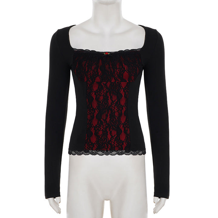 Square neck long sleeve flower applique lace top  | Festival Outfits Women