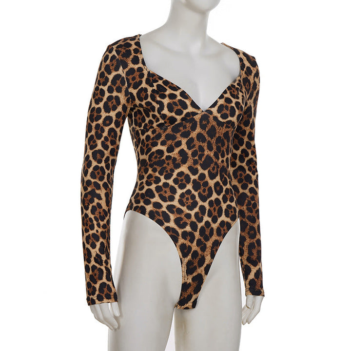 V neck long sleeve leopard print bodysuit  | Festival Outfits Women