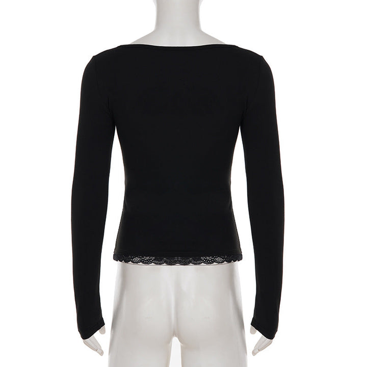 Square neck long sleeve flower applique lace top  | Festival Outfits Women