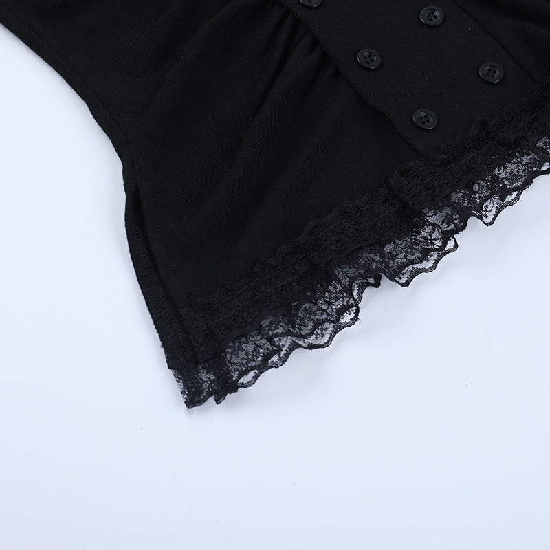 High neck long sleeve hollow out lace hem button cut out top  | Festival Outfits Women