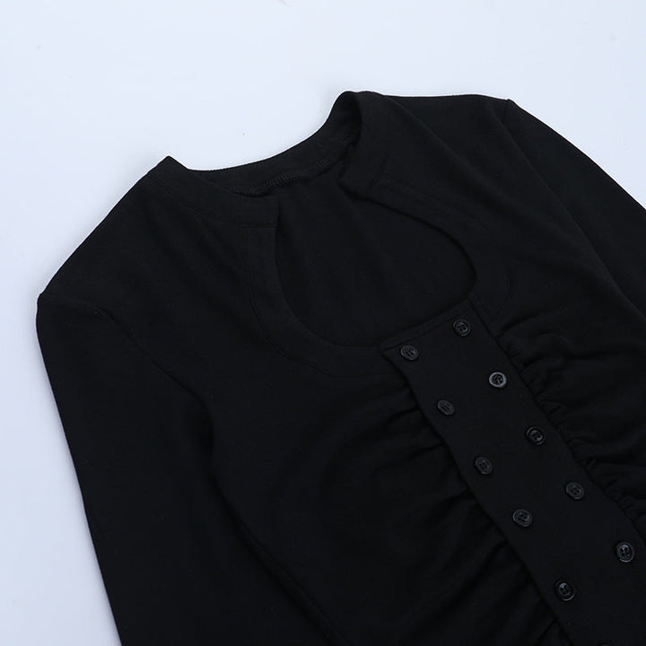 High neck long sleeve hollow out lace hem button cut out top  | Festival Outfits Women