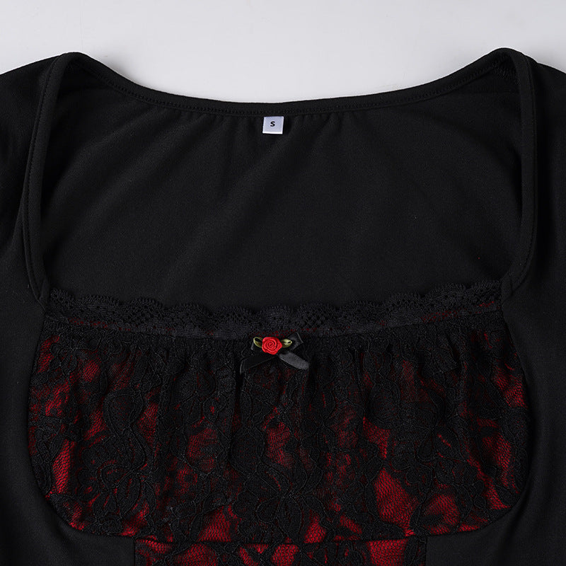 Square neck long sleeve flower applique lace top  | Festival Outfits Women