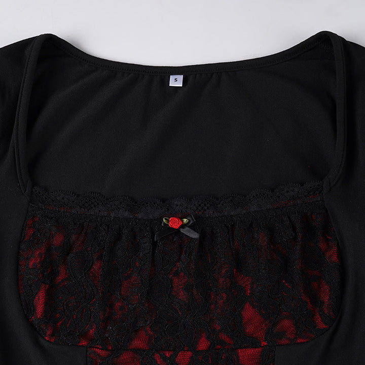Square neck long sleeve flower applique lace top  | Festival Outfits Women