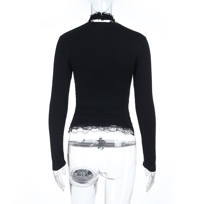 High neck long sleeve hollow out lace hem button cut out top  | Festival Outfits Women