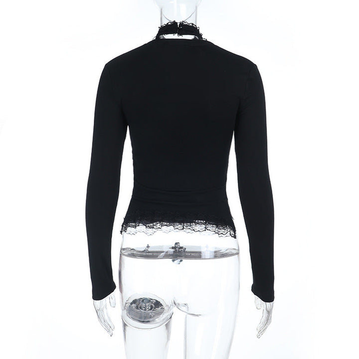 High neck long sleeve hollow out lace hem button cut out top  | Festival Outfits Women