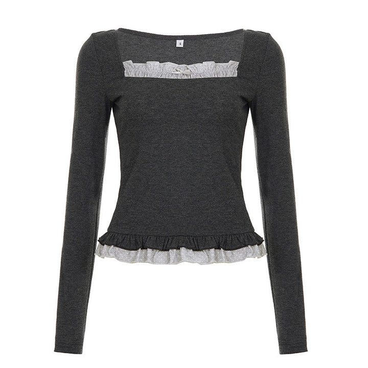 Square neck long sleeve lace hem top  | Festival Outfits Women