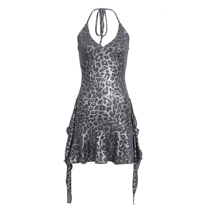 Halter v neck leopard print ruffle mini dress  | Festival Outfits Women  | Leopard Print Mini Dress