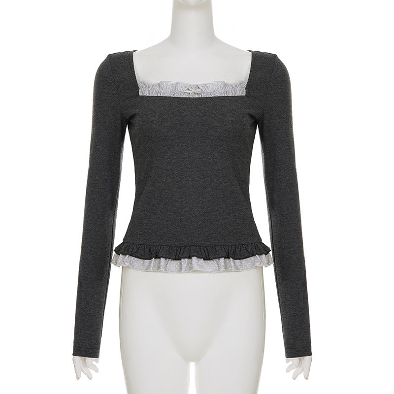 Square neck long sleeve lace hem top  | Festival Outfits Women