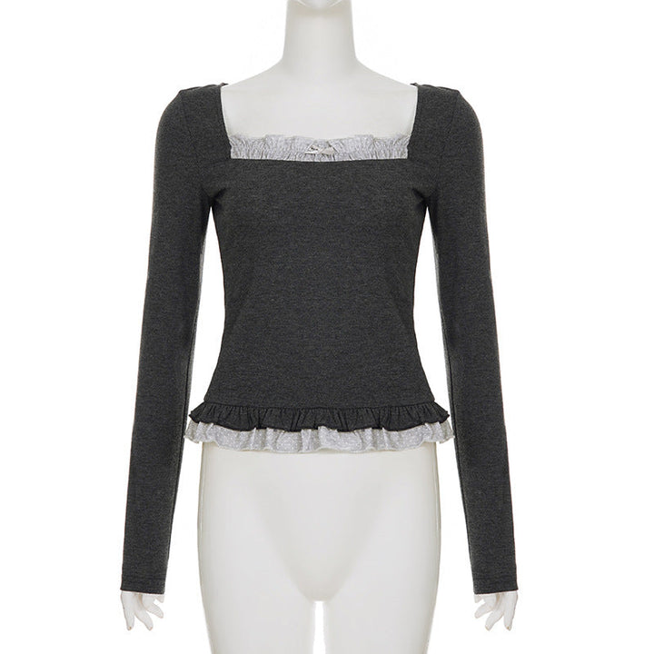 Square neck long sleeve lace hem top  | Festival Outfits Women