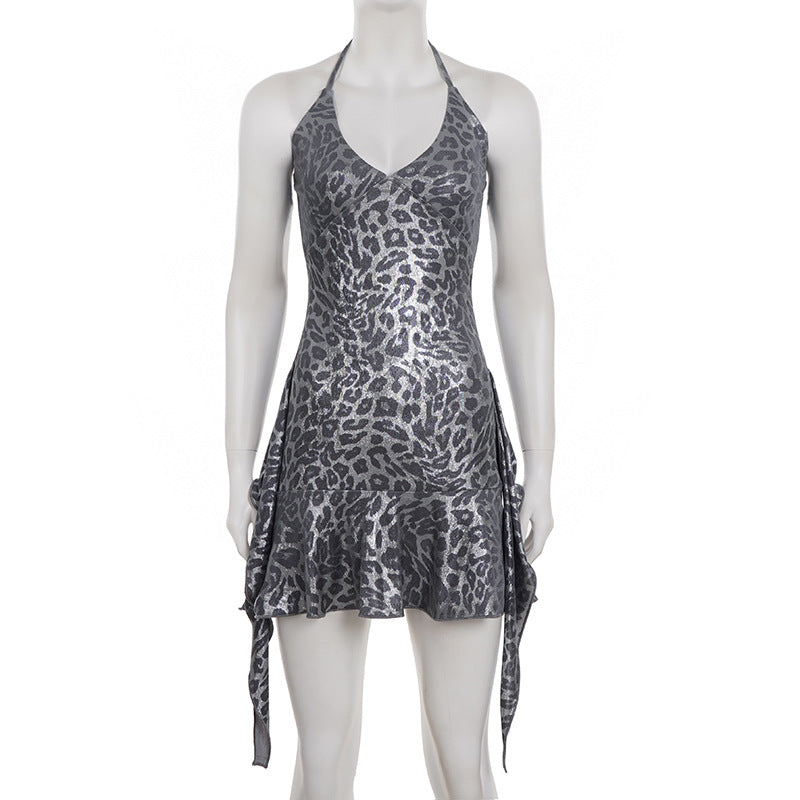Halter v neck leopard print ruffle mini dress  | Festival Outfits Women  | Leopard Print Mini Dress