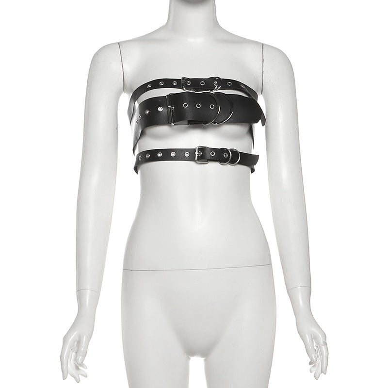 PU leather buckle hollow out crop cut out top  | Festival Outfits Women