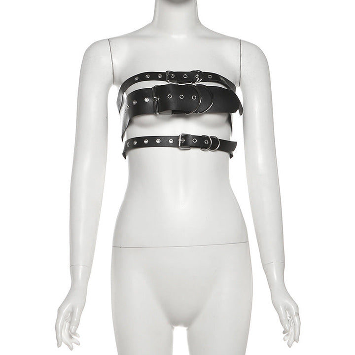 PU leather buckle hollow out crop cut out top  | Festival Outfits Women