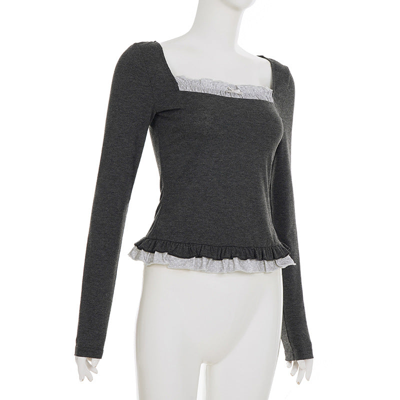 Square neck long sleeve lace hem top  | Festival Outfits Women