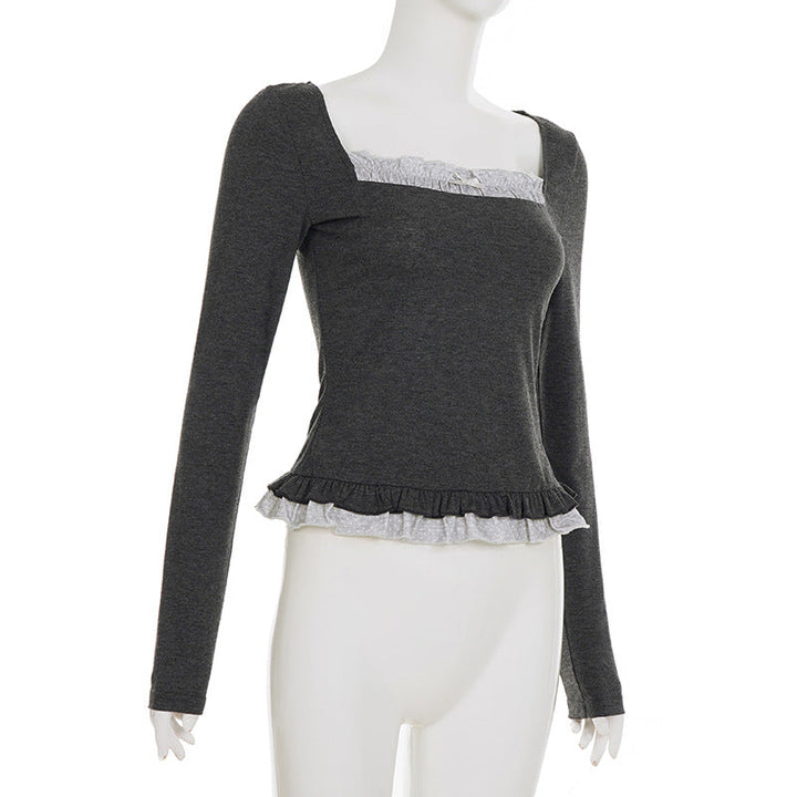 Square neck long sleeve lace hem top  | Festival Outfits Women