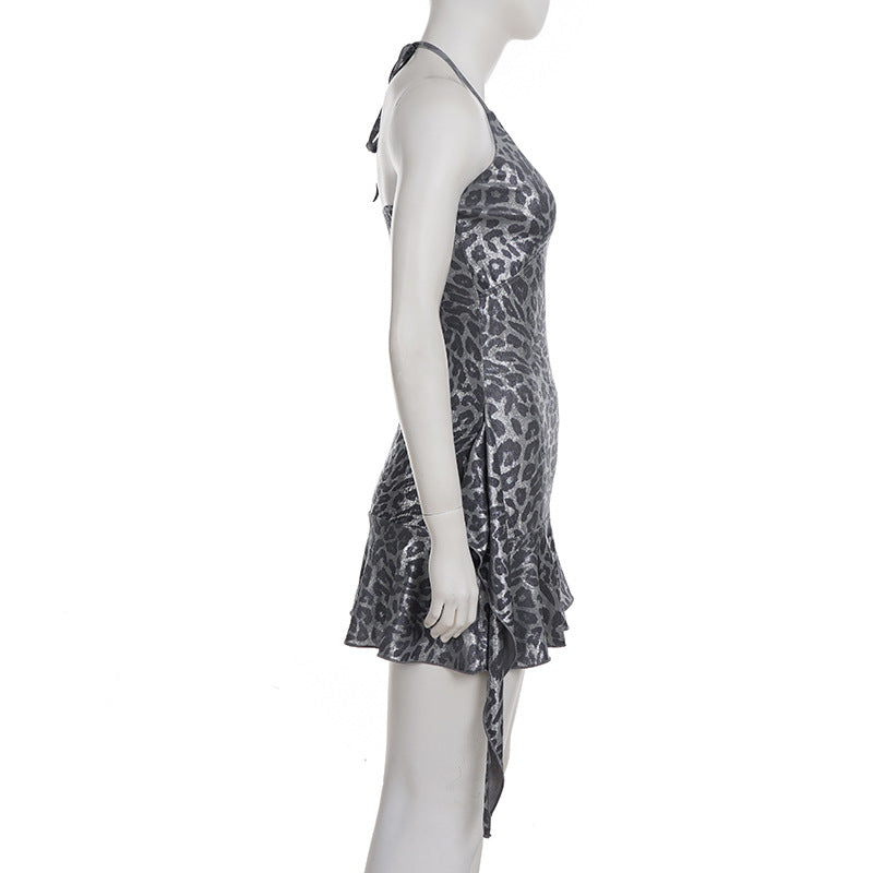 Halter v neck leopard print ruffle mini dress  | Festival Outfits Women  | Leopard Print Mini Dress