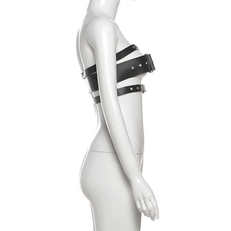 PU leather buckle hollow out crop cut out top  | Festival Outfits Women