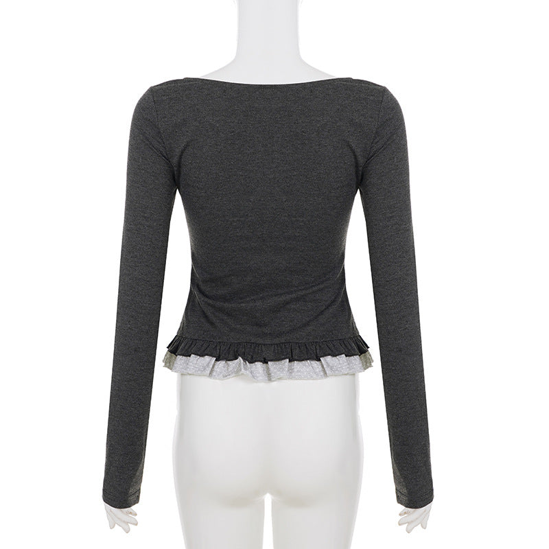 Square neck long sleeve lace hem top  | Festival Outfits Women