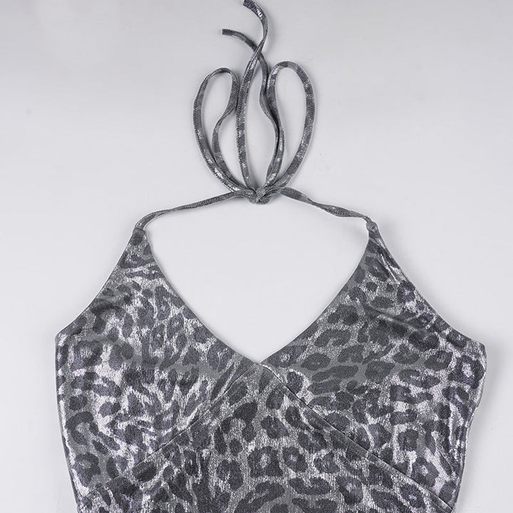 Halter v neck leopard print ruffle mini dress  | Festival Outfits Women  | Leopard Print Mini Dress