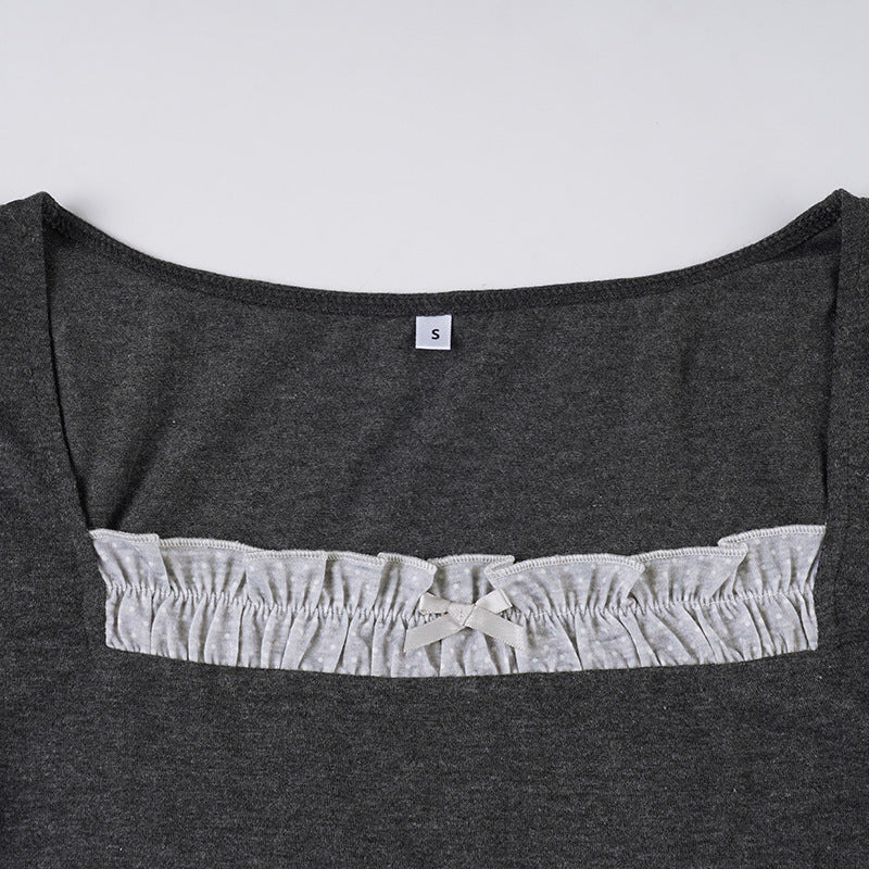 Square neck long sleeve lace hem top  | Festival Outfits Women