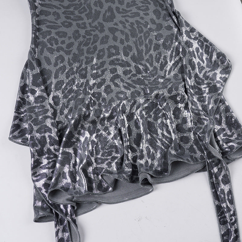Halter v neck leopard print ruffle mini dress  | Festival Outfits Women  | Leopard Print Mini Dress