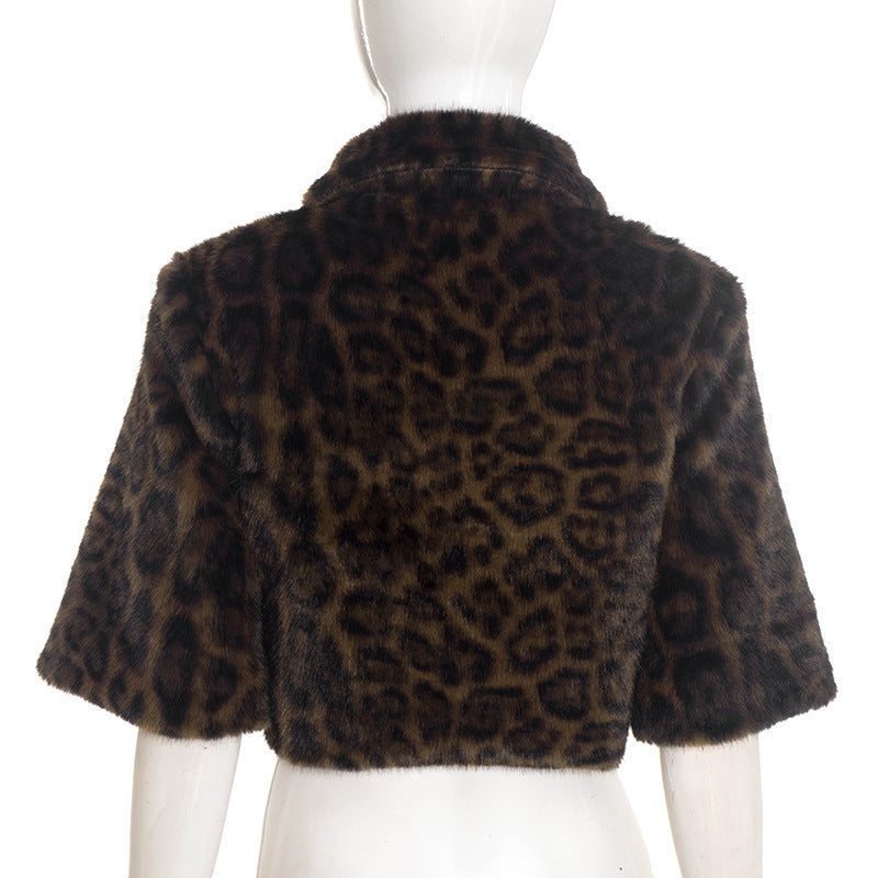 Turnover collar zip-up leopard print fluffy top  | Festival Outfits Women  | Cheetah Print Top