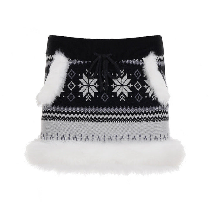Drawstring fluffy print contrast mini skirt  | Festival Outfits Women