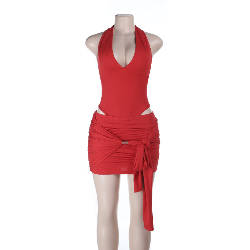Self tie halter v neck ruched backless mini skirt set  | Festival Outfits Women