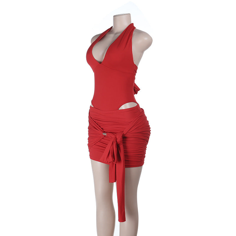Self tie halter v neck ruched backless mini skirt set  | Festival Outfits Women